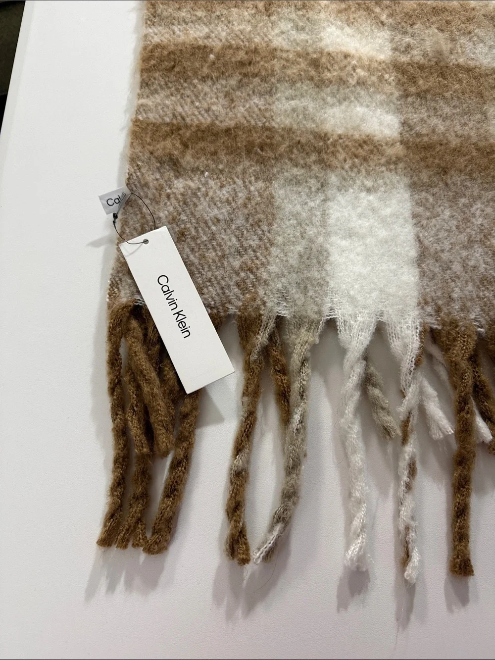 Calvin Klein Cream & Brown Plaid Fringe Throw Scarf 74 X17 inches
